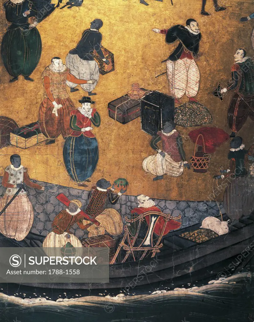 Japan - 15-17th century - Azuchi-Momoyama period (1574-1600). Namban Art. Portuguese arrival in Japan. Detail of ornamented screen