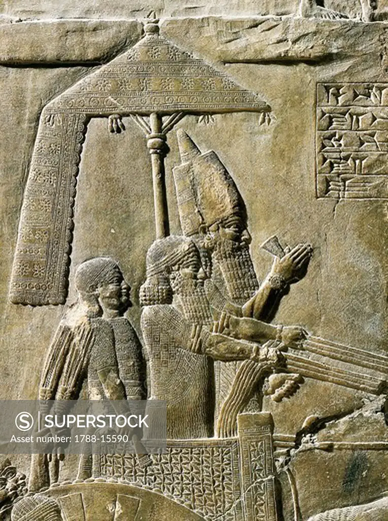 Detail of relief depicting king Ashurbanipal on chariot, from Palace of Ashurbanipal, Nineveh, Iraq