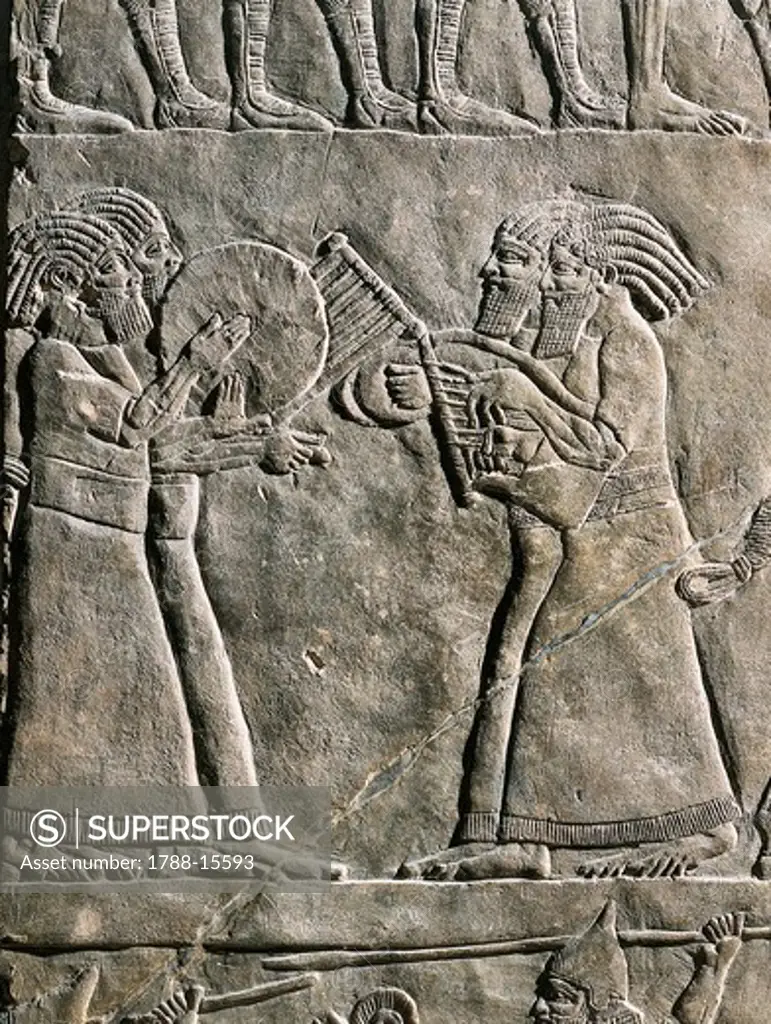 Detail relief depicting musicians, from Palace of Ashurbanipal, Nineveh, Iraq