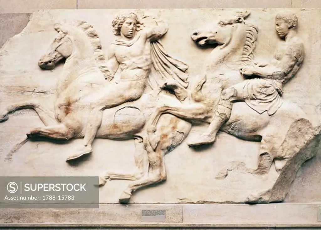 Pentelic marble west frieze of the Parthenon by Phidias, bas-relief depicting horsemen during Panathenaic procession, 445-438 B.C.