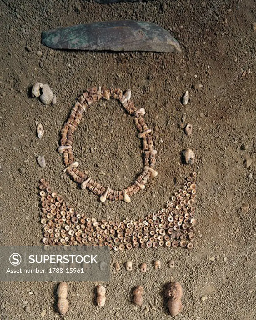 From Caves of Balzi Rossi, Barma Grande Cave, Triple burial of Cro-Magnon type skeleton, detail of funerary objects