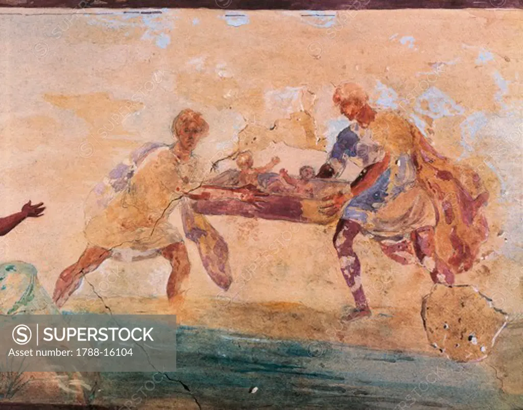 Roman civilization, Fresco depicting Romulus and Remus being abandoned on banks of river, From columbarium at Esquiline Hill, Rome