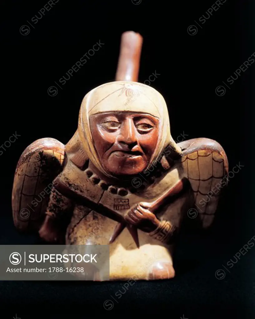 Ceramic artifact portraying mythological figure of birdman