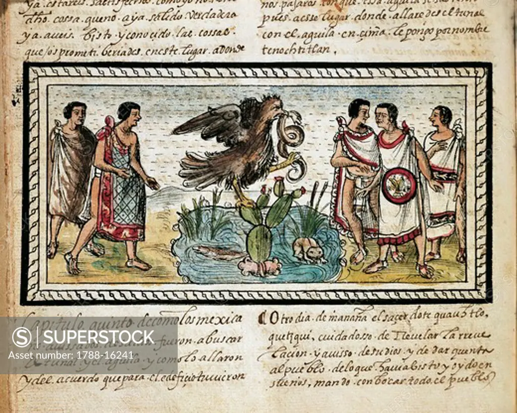 Manuscript by Diego Duran (1537-1588), History of Indies of New Spain, Foundation of Tenochtitlan, Miniature, folio 14, verso