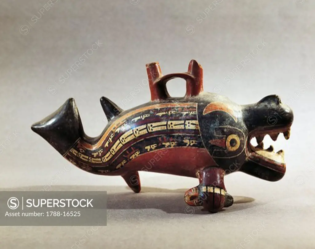 Peru, Pre-Inca civilization, Nazca culture, Double spout and bridge zoomorphic polychrome terracotta vessel in shape of dolphin