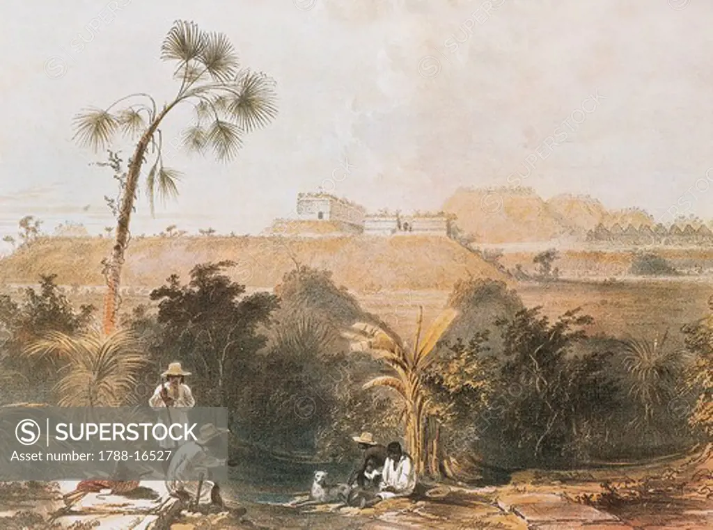 Mexico, view of Maya city of Uxmal, Drawing by Frederick Catherwood from John Lloyd Stephens ""Incidents of Travel in Central America, Chiapas and Yucatan, 1841""