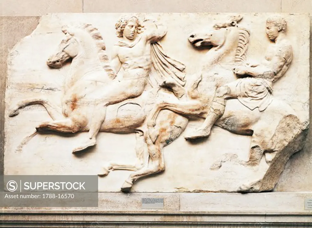 Pentelic marble west frieze of Parthenon, bas-relief depicting horsemen during Panathenaic procession