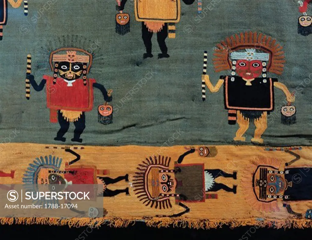 Fabric with anthropomorphic figures. From Paracas necropolis, Peru, Pre-Inca civilization