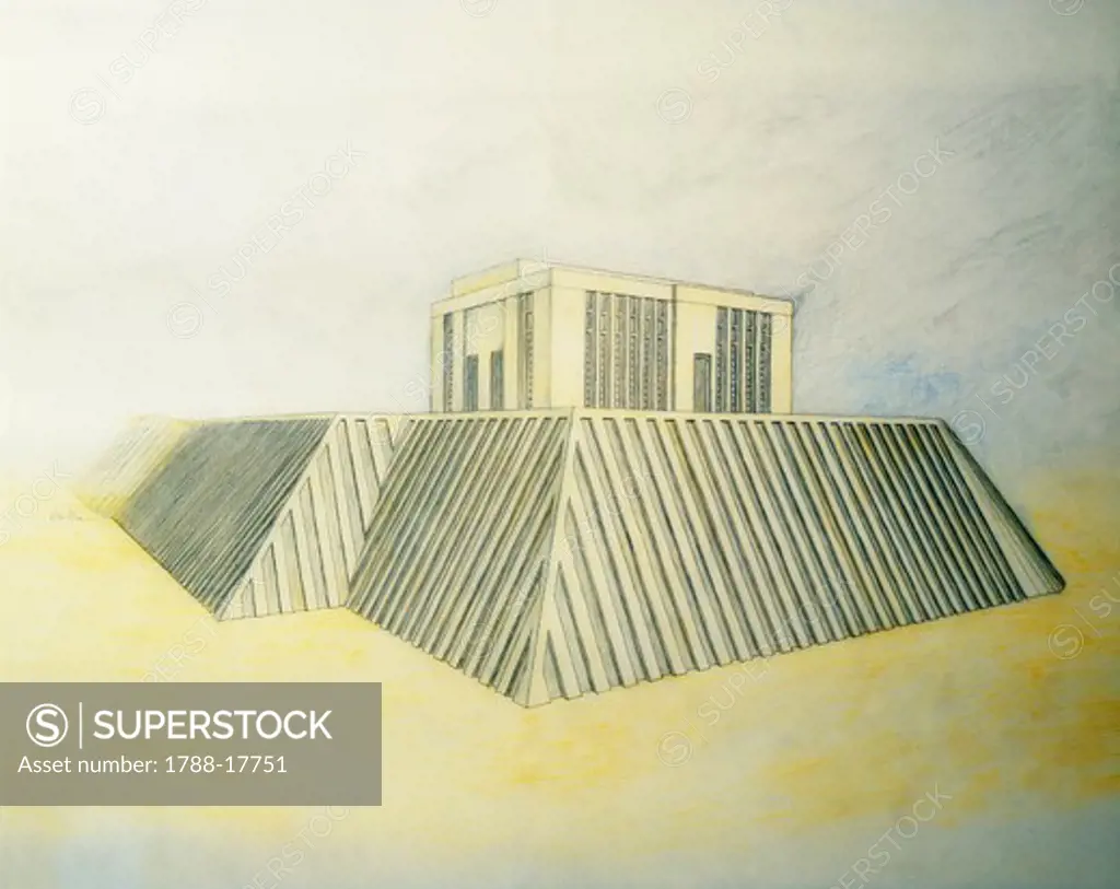Reconstruction of White Temple at the Sanctuary of Anu, Uruk, Mesopotamia, drawing, Sumerian civilization