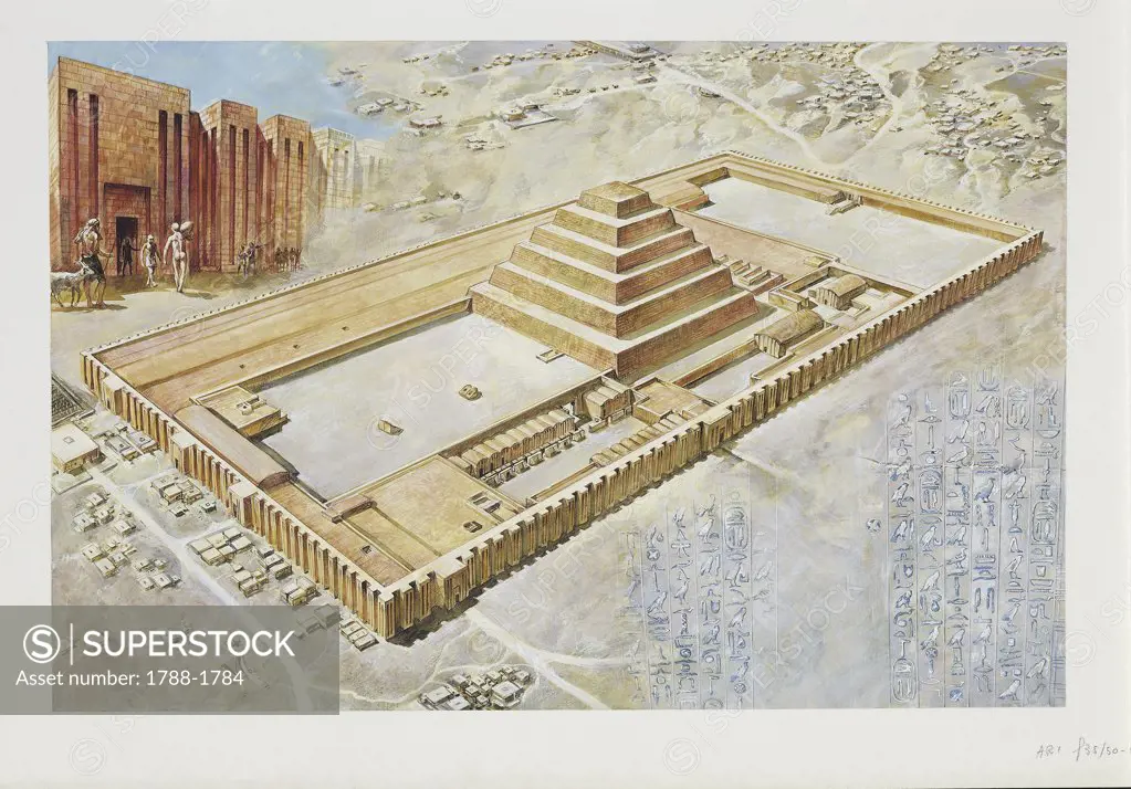 Egyptian Civilisation - Saqqara. Reconstructed 'Step Pyramid' complex of Djoser. Color illustration