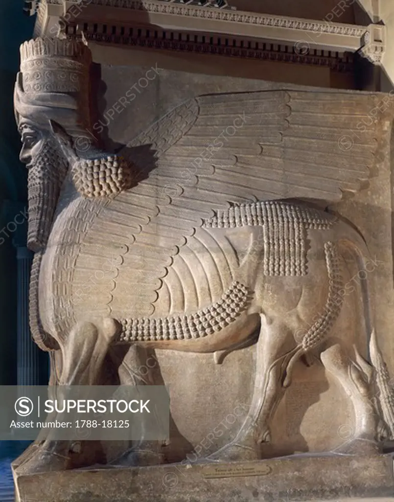 Human-headed winged bull, from the palace of Sargon at Khorsabad, Iraq