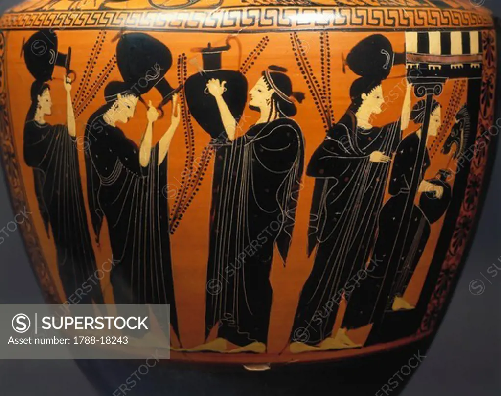 Attic amphora, Detail of women with amphorae at fountain, from Vulci, Latium region, Italy