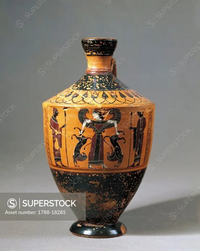 Lekythos attributed to Amasis Painter with Scene representing lion tamer Artemis, 560-550 B.C.