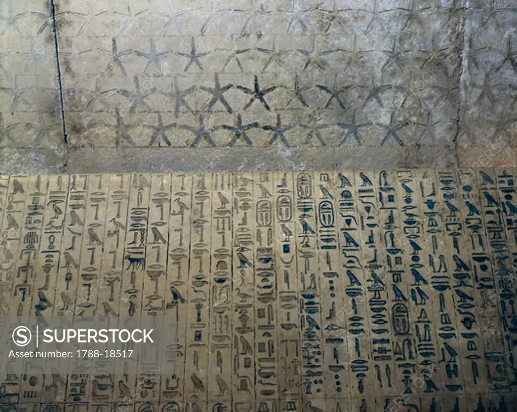 Unas' pyramid, ceiling decorated with stars and walls decorated with ""Pyramid Texts""