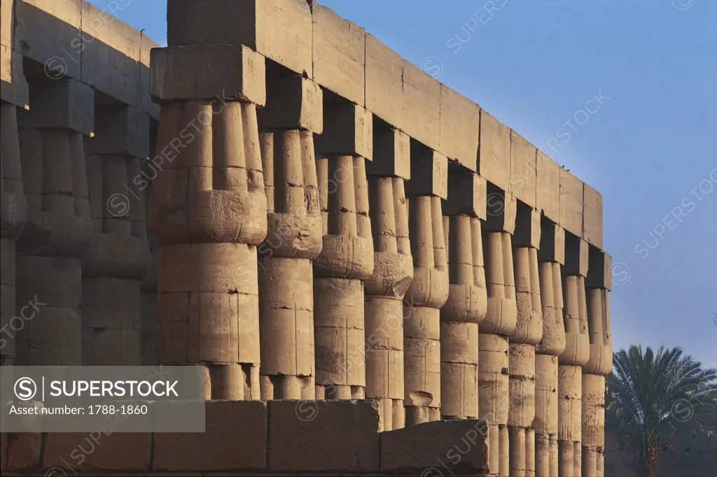 Egypt - Ancient Thebes (UNESCO World Heritage List, 1979). Luxor. Temple of Amon. Court of Amenhotep III. Colonnaded court. Columns in papyrus form