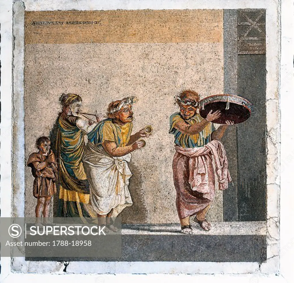 Mosaic depicting a scene from a comedy by Menander, The Possessed Girl: itinerant musicians from Italy, Campania, Pompe, Villa of Cicero