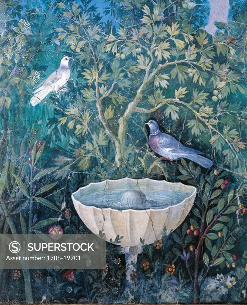 Wall decorated with Third style fresco, depicting fountain and birds in garden, from Pompei