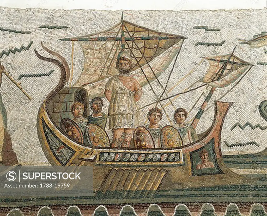 Tunisia, Dougga, Mosaic depicting Ulysses and companions on boat, from Ulysses and the Sirens' island