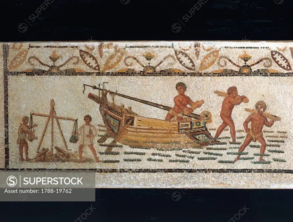 Tunisia, Sousse, Mosaic depicting unloading of ship carrying iron minerals, from Hadrumetum