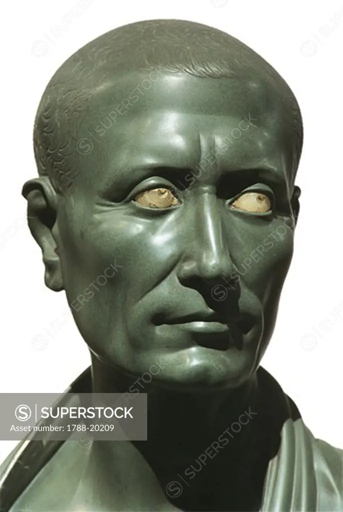 Green schist bust of Julius Caesar with marble eyes, Roman civilisation, Hellenistic art, 1-50 a.d.