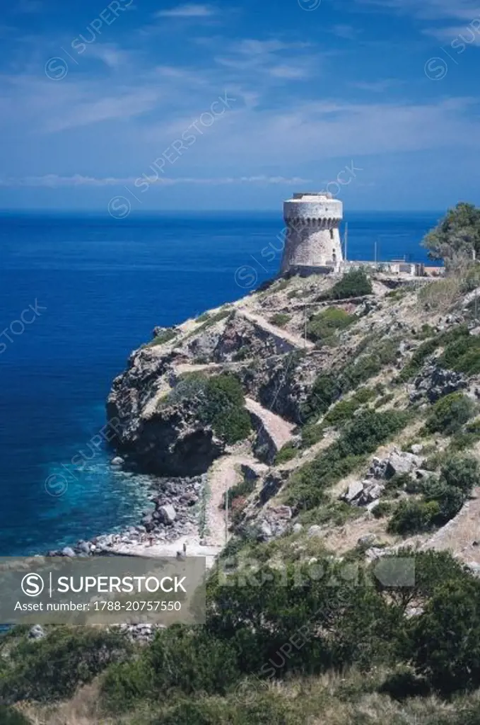 Tower of the port or tower of the marina, 1531, island of Capraia, Arcipelago Toscano National Park, Tuscany, Italy.