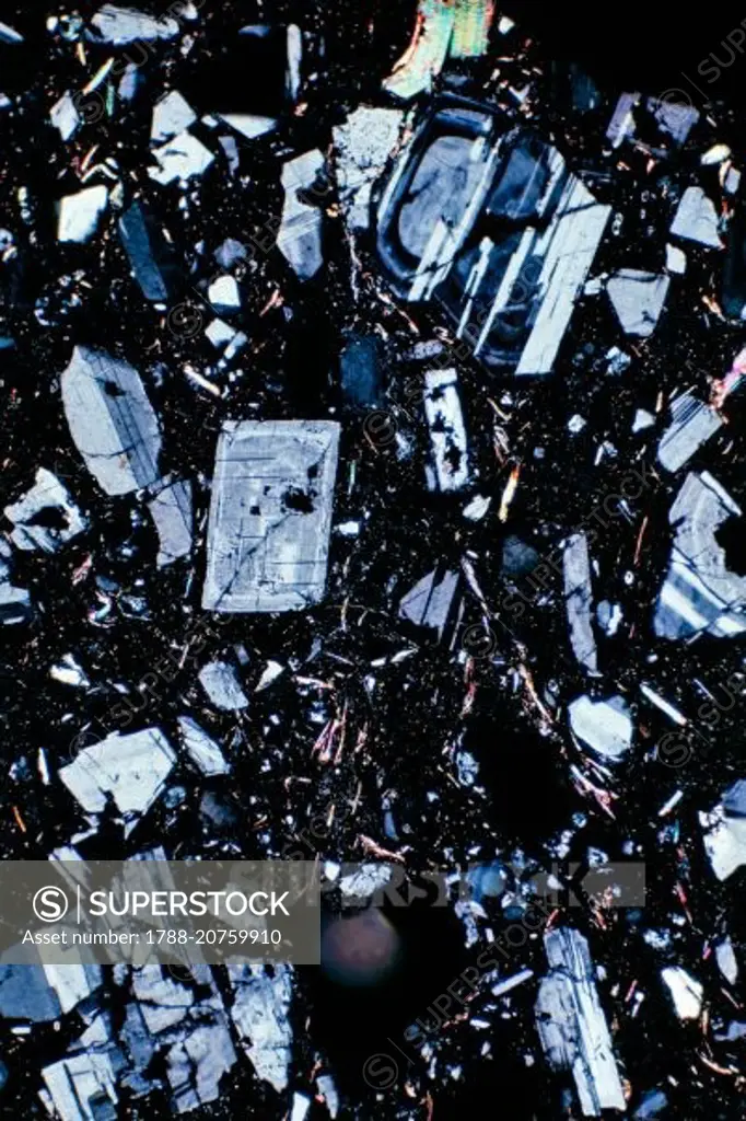 Andesite under the microscope, extrusive igneous rock.