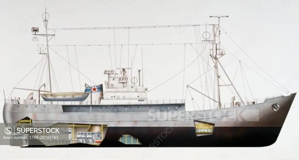 AGI Intelligence Ship, Okean Class, 1959, Russia, drawing.