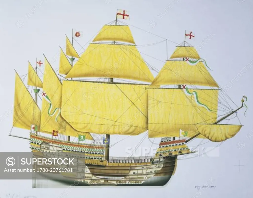 Ships - England, Royal Navy - Great Harry carrack (1514). Cross-section drawing