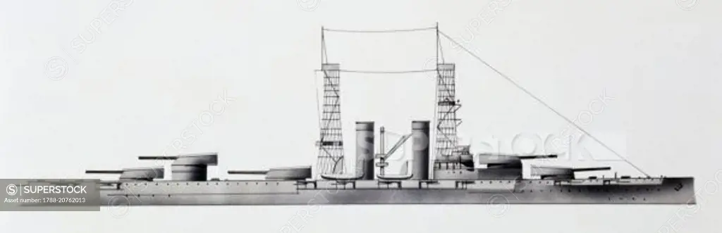 USS New York battleship, 1912, United States of America, drawing.