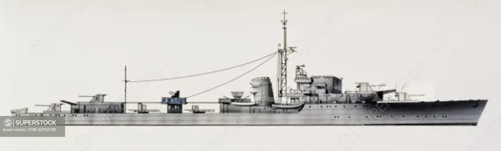 HMS Comet destroyer, 1944, United Kingdom, drawing.