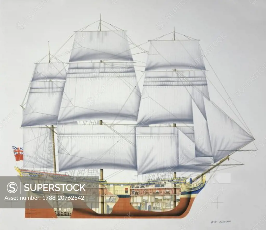 Ships - Great Britain, Royal Navy - Battleship HMS Bellona (1760). Cross-section drawing