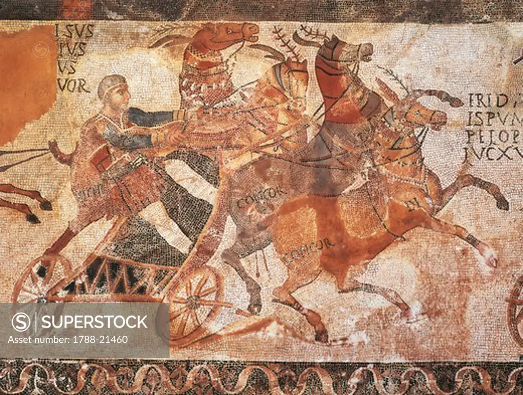 Spain, Madrid, Hispanic-roman mosaic of carriage race