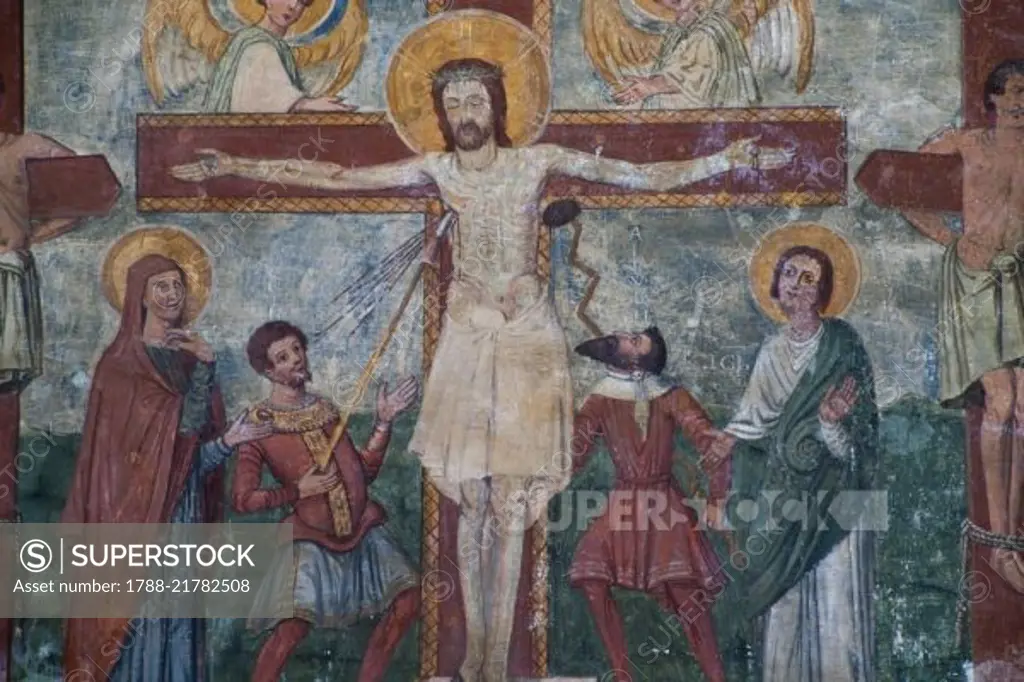 Crucifixion, 11th century fresco, remodelled in 1634, Church of St Urbano alla Caffarella, Rome, Italy.