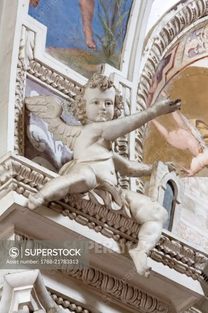 Cherub with the Gates to Heaven, statue in the Church of Santa Maria dei Ghirli, Campione d'Italia, Lombardy, Italy.