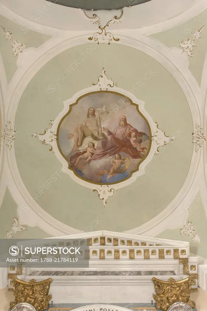 The Holy Trinity, fresco on the vault by Carlo Maria Giudici (1723-1804), church of Our Lady of the Rosary, Viggiu, Lombardy. Italy, 18th century.