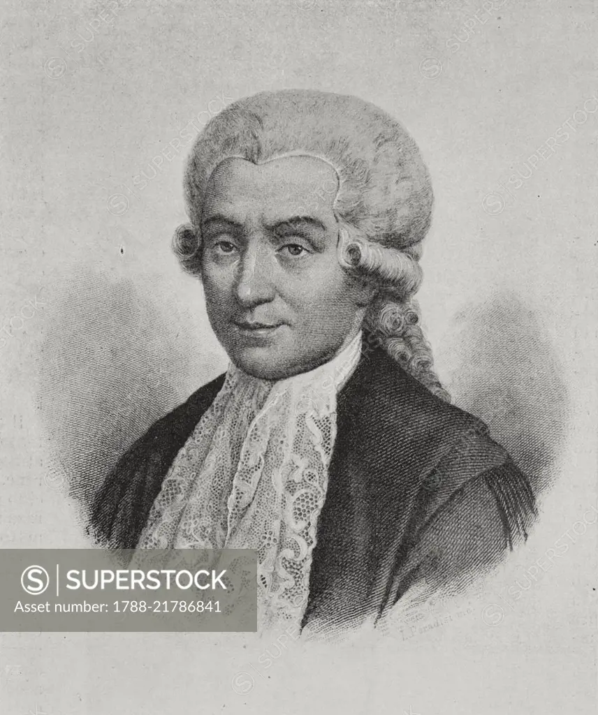 Portrait of Luigi Galvani (1737-1798), Italian physicist and anatomist, from L'Illustrazione Italiana, Year XXVI, No 23, June 4, 1899.