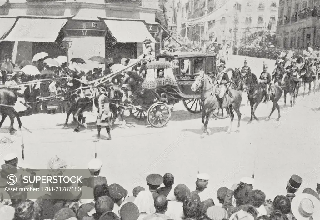 Infanta Maria Teresa's carriage shortly before the assassination attampt on King Alfonso XIII and Vittoria Eugenia by the anarchist Mateu Morral, Madrid, May 31, 1906, Spain, from L'Illustrazione Italiana, Year XXXIII, No 23, June 10, 1906.