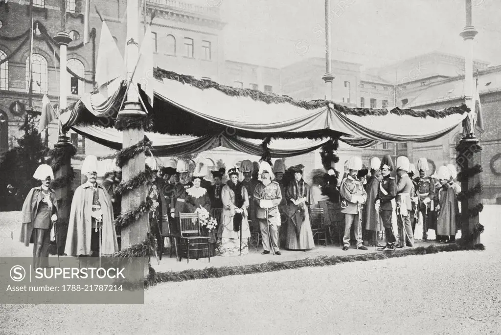 The Bavarian royal family on the 150th anniversary of the Army Cadet Corps, with Prince Leopold of Bavaria in the centre, Monaco, Germany, photograph by Adolfo Croce, from L'Illustrazione Italiana, Year XXXIII, No 30, July 29, 1906.