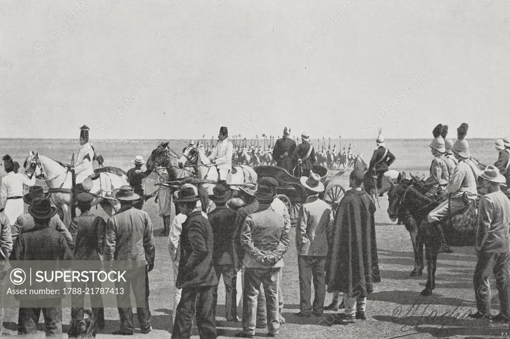 Eritrean squadron parading before Giuseppe Salvago Raggi (1866-1946), Governor of Eritrea, during the Feast of the Statute, Asmara, Eritrea, photograph by M Carpano, from L'Illustrazione Italiana, Year XXXIV, No 25, June 23, 1907.