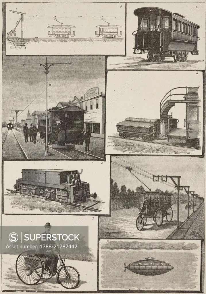 1 Diagram of a Thomson-Houston electric tram system, 2 Sprague electric tram system station, 3 Brooklyn tram, 4 Sandwell tram, 5 Immisch electric locomotive system, 6 electric road carriage, 7 Slattery electric tricycle, 8 defensive submarine of Point du Jour, illustration from Il Secolo Illustrato della Domenica, Year II, No 38, June 22, 1890.