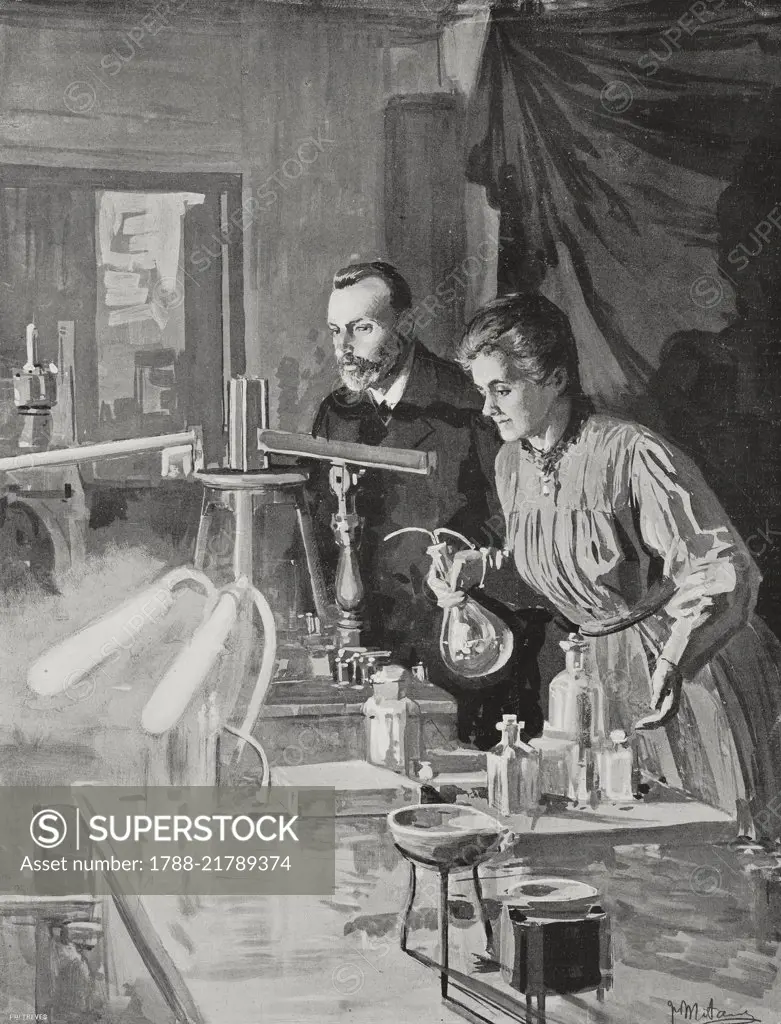 Pierre and Marie Curie in their laboratory, drawing by Fortunino Matania, from L'Illustrazione Italiana, Year XXXI, No 2, January 10, 1904.