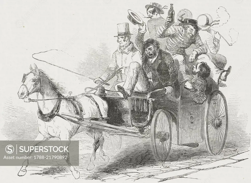 Sailors having fun in a stagecoach, United Kingdom, illustration from L'Illustration, Journal Universel, No 391, Volume XVI, August 23-30, 1850.