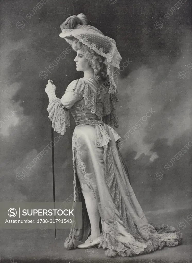 The singer Marcelle Dartoy wearing a Lewis hat and Drecoll dress, in Meprise amoureuse, comic opera by Charles Borel-Clerc and Guy de Montgaillard at the Opera of Paris, France, photograph by R Moreau, from Le Figaro-Modes, No 14, February, 1904.