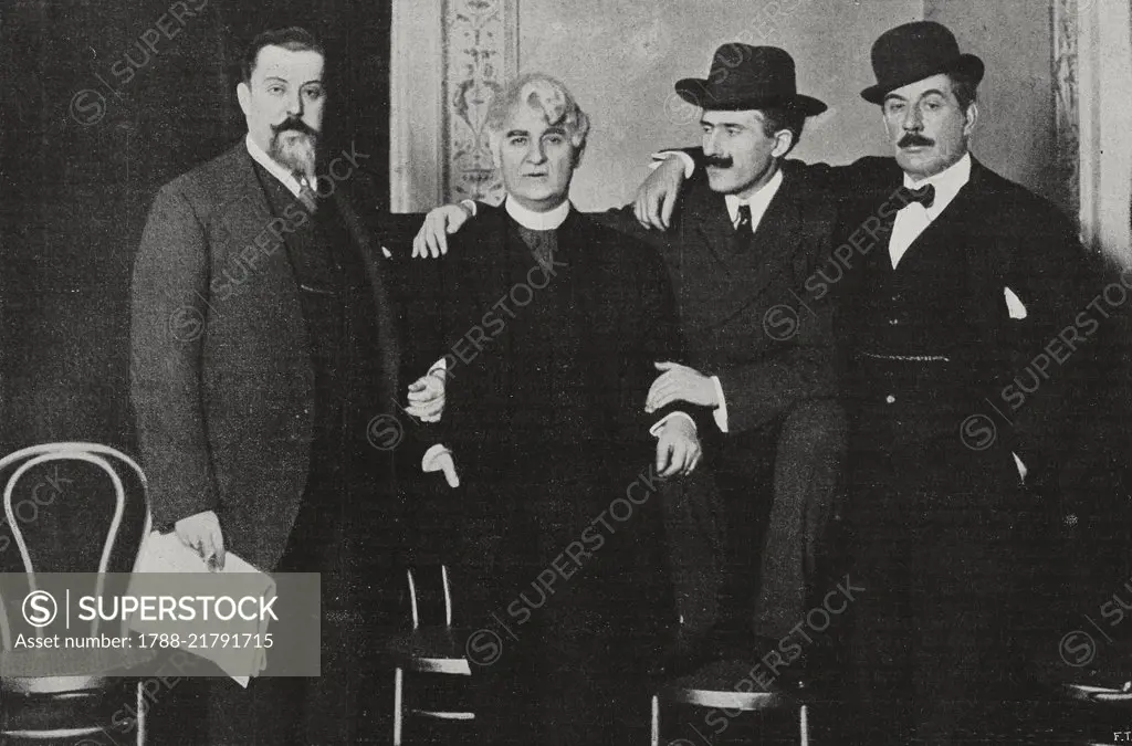 Giacomo Puccini at the Metropolitan in New York with his staff: (left to right) Gatti-Casazza, David Belasco, Arturo Toscanini, Puccini, from L'Illustrazione Italiana, Year XXXVIII, No 1, January 1, 1911.