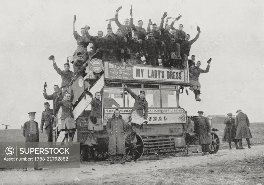 Canadian troops landing in England, on a double-decker bus, United Kingdom, World War I, photograph by Topical, from L'Illustrazione Italiana, Year XLI, No 46, November 15, 1914.