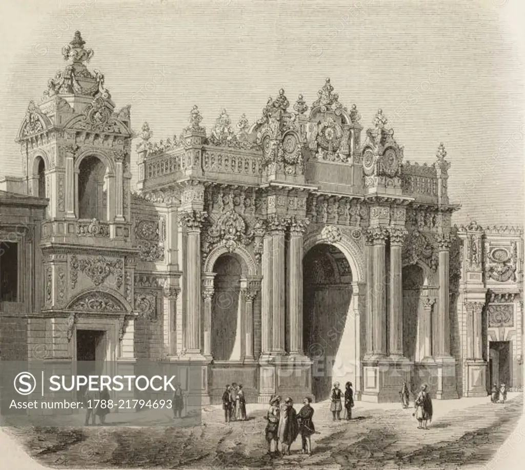 Monumental door to Dolmabahce palace, Istanbul, Turkey, illustration from L'Illustration, Journal Universel, No 558, Volume XXII, November 5, 1853.