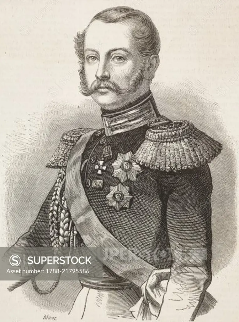 Portrait of Alexander II (1818-1881), Russian Tsar, illustration from L'Illustration, Journal Universel, No 629, Volume XXV, March 17, 1855.