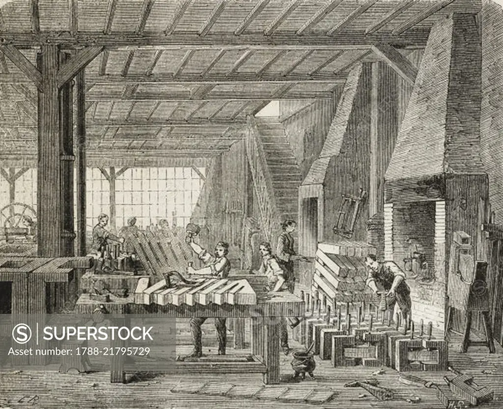 Construction of the piano structure, Camille Pleyel piano factory, Paris, France, illustration from L'Illustration, Journal Universel, No 641, Volume XXV, June 9, 1855.