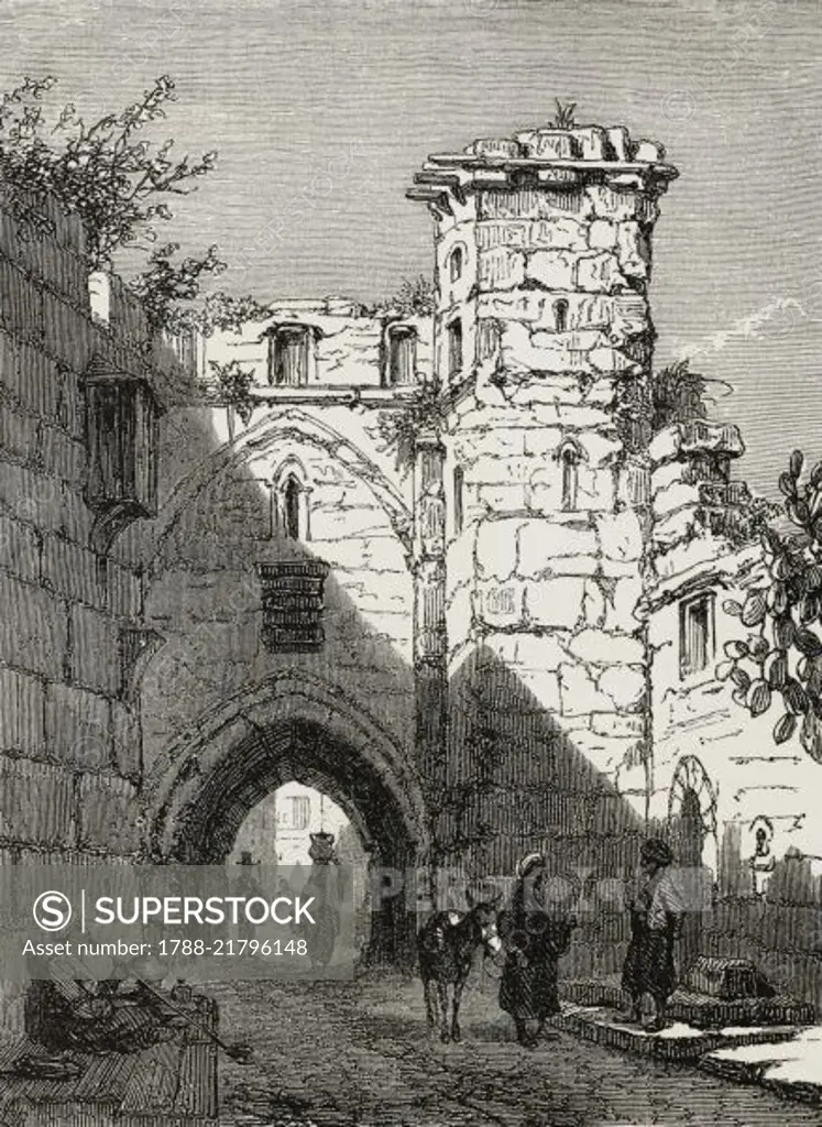 The tower Antonia, Jerusalem, Israel, from a sketch by Baullier, illustration from L'Illustration, Journal Universel, No 733, Volume XXIX, March 14, 1857.