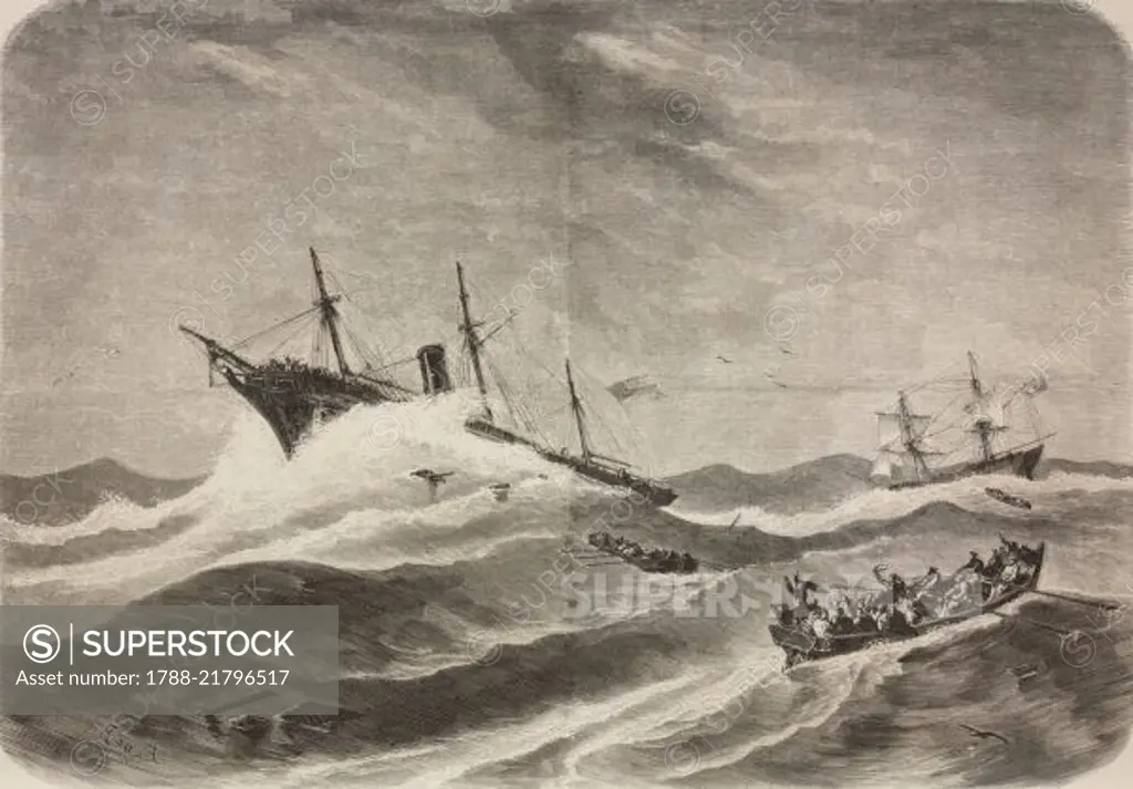 The shipwreck of the ship Central America off the coasts of South Carolina, September 11, 1857, United States of America, illustration from L'Illustration, Journal Universel, No 766, Volume XXIX, October 31, 1857.